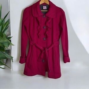 LA Kitty Pea Coat pink Gray button Tie Front size M Girls polka dots Dressy